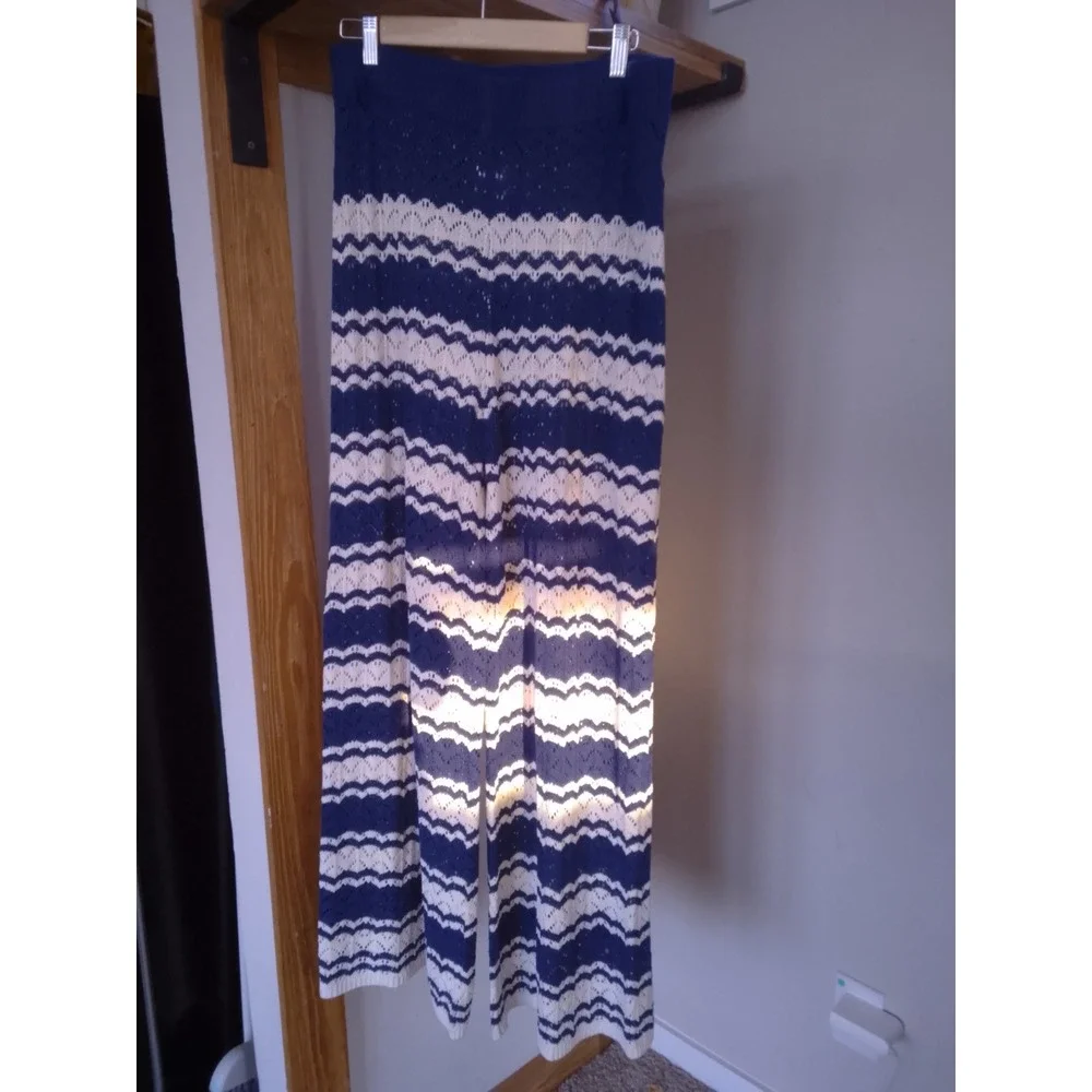 Navy Blue White Crochet Knit 2 Piece Set Chevron Vest and Wide Leg Pants